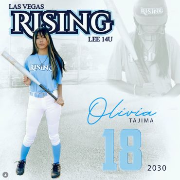 Young softball player Olivia Tajima in team Rising uniform holding a bat.
