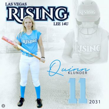 Young softball player Quinn Klunder in Las Vegas Rising uniform.
