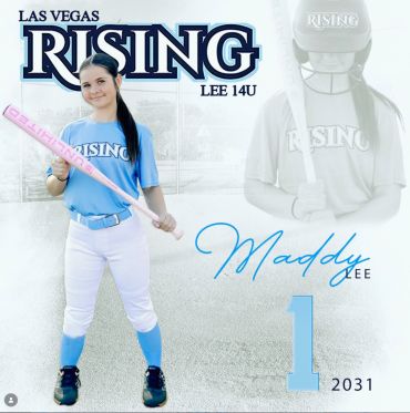 Young female softball player in Las Vegas Rising uniform holding a pink bat.