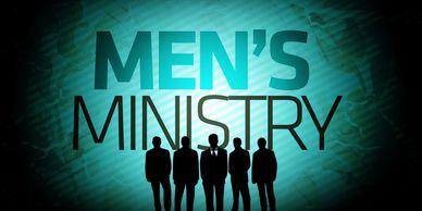 Silhouettes of men stand in front of a glowing 'Men's Ministry' sign.
