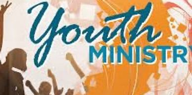Youth Ministry event with energetic crowd silhouettes and vibrant orange background.