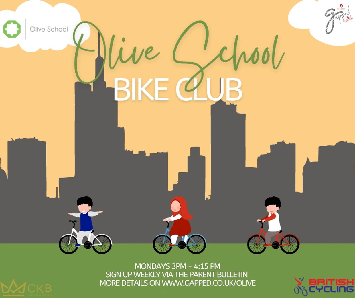 Promotional poster for Olive School Bike Club with kids riding bikes.
