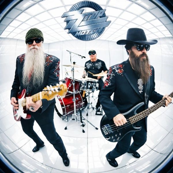 Three musicians with beards playing instruments in a modern, bright studio.