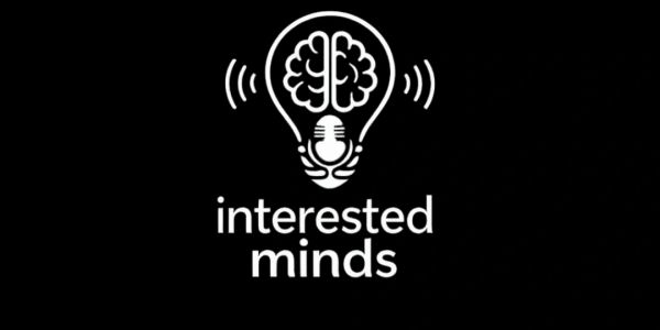 Logo of Interested Minds with brain, microphone, and lightbulb design.