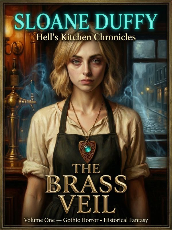 Gothic horror cover featuring a stern woman with a mystical pendant and ghostly figures.