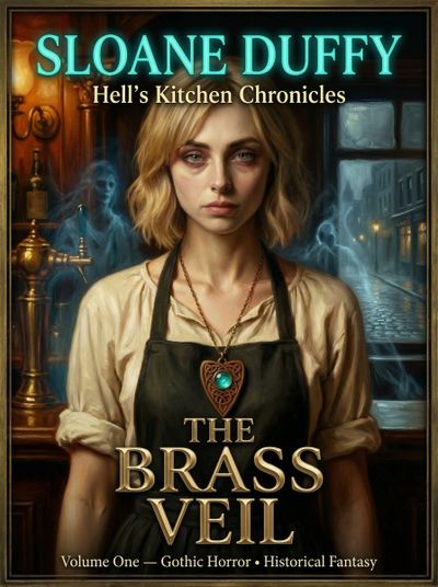 Book cover of 'The Brass Veil' featuring a serious woman with a glowing pendant and ghostly figures in the background.