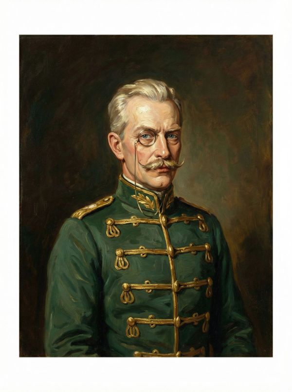 Portrait of a man in a military uniform with a monocle.