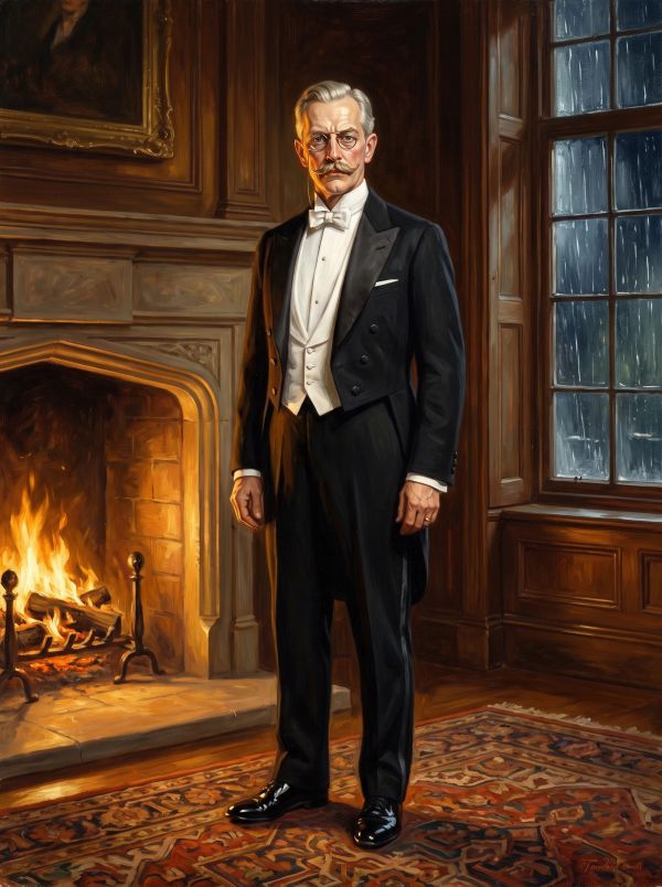 A distinguished man in formal attire by a fireplace.