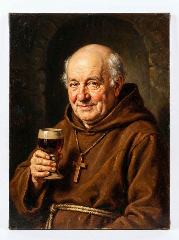 Smiling monk holding a glass of beer.