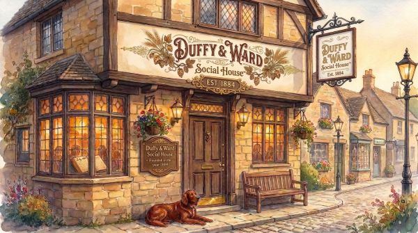 Quaint vintage social house with warm lighting and a dog lying outside.