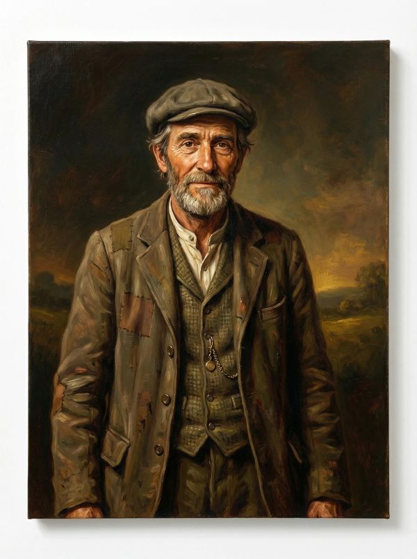 Portrait of an elderly man in rustic clothing and cap.