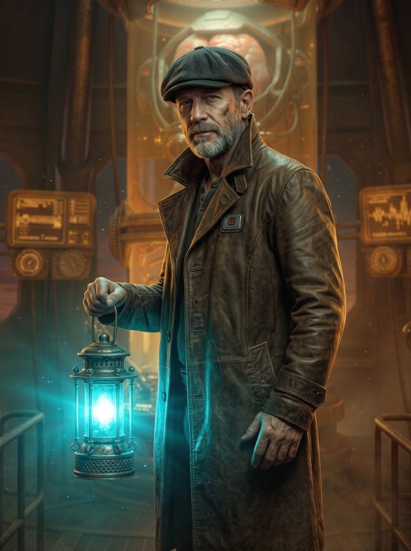 Man with lantern in futuristic room.