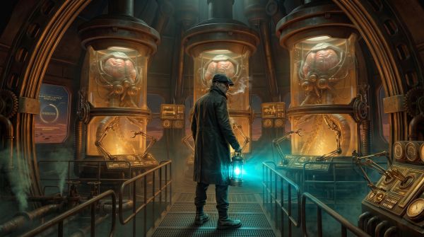 Man exploring a sci-fi lab with giant brains in tanks.