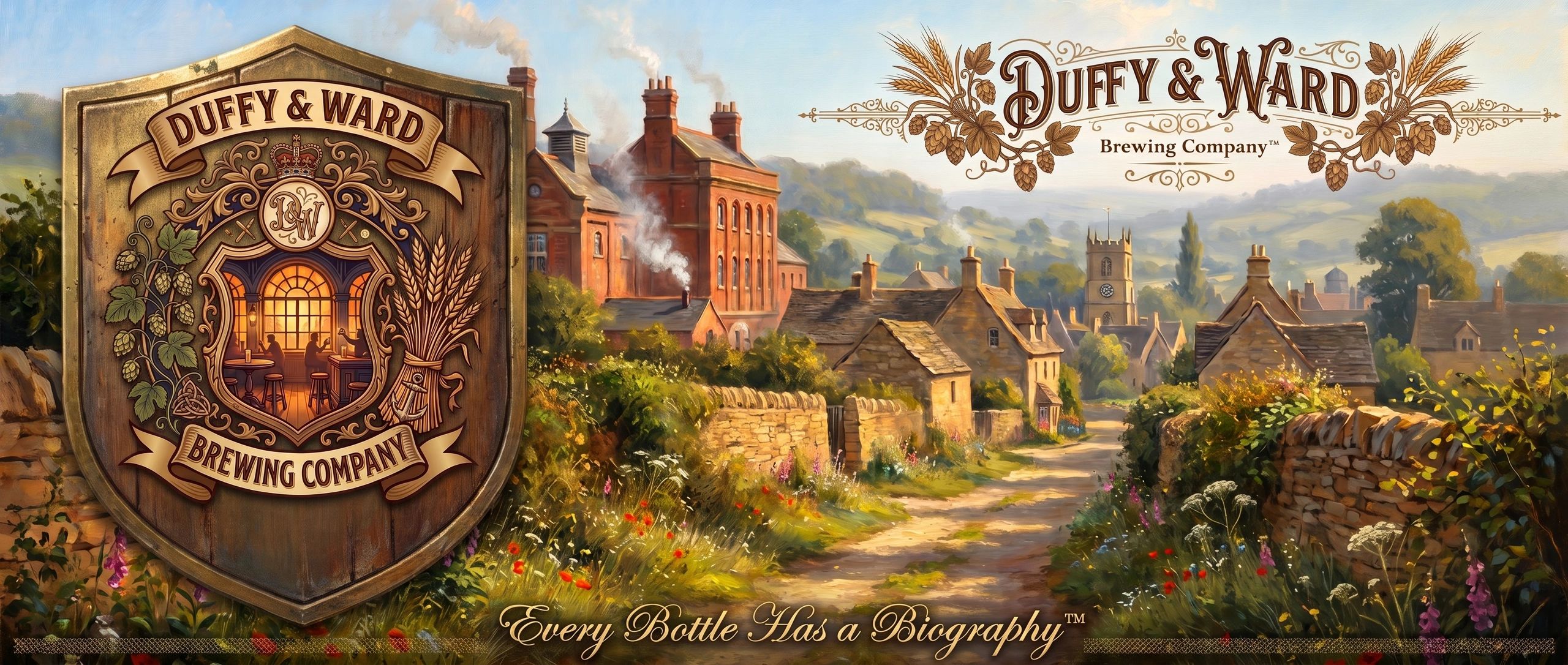 Duffy &amp; Ward Brewing Company sign and scenic village landscape.