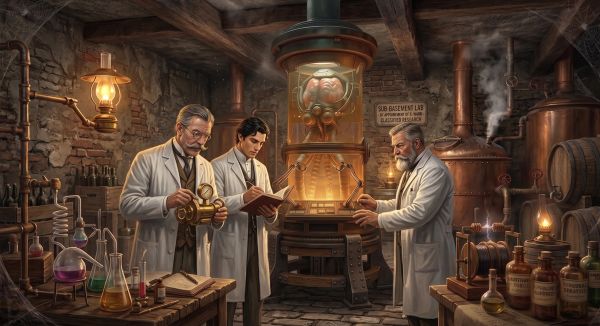 Scientists examining a mysterious specimen in a basement lab.