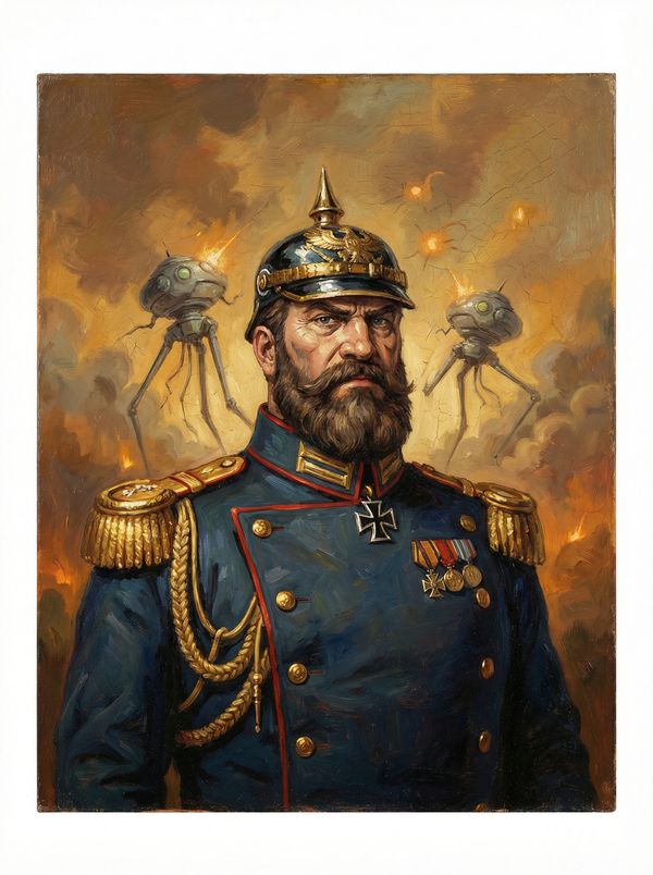 A bearded soldier in uniform with futuristic robots behind.