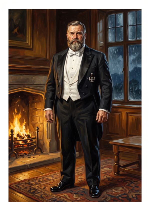 A distinguished man in a tuxedo stands by a fireplace in a refined room.