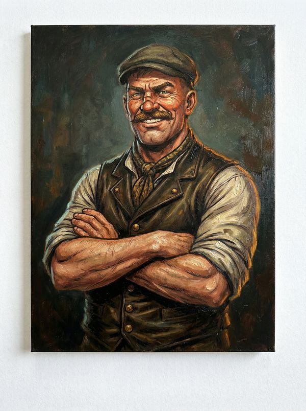 Portrait of a smiling muscular man in a hat and vest.