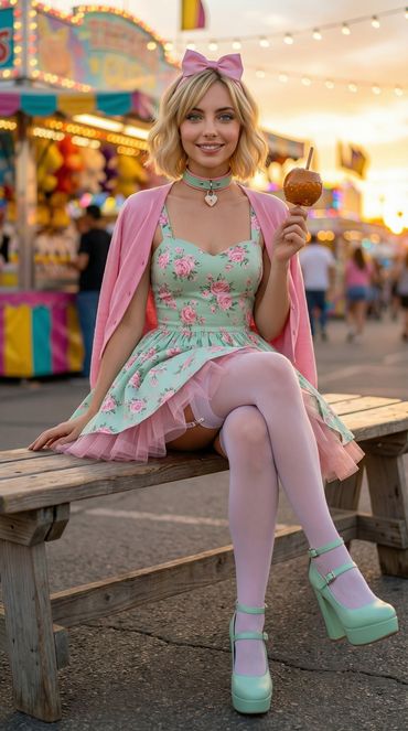 Young woman in pastel floral dress enjoying a caramel apple at a fair.