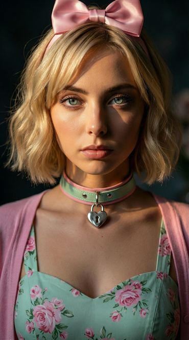 Young woman with blonde hair, pink bow, and floral dress stares intensely at the camera.