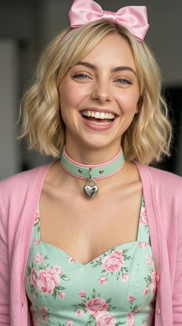 Smiling woman with blonde hair wearing a pink bow and floral dress.