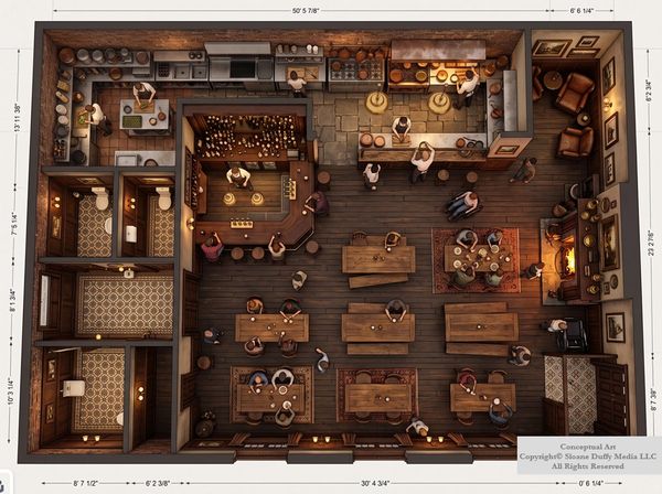 Detailed architectural floor plan rendering of the Duffy & Ward Social House fast-casual restaurant 