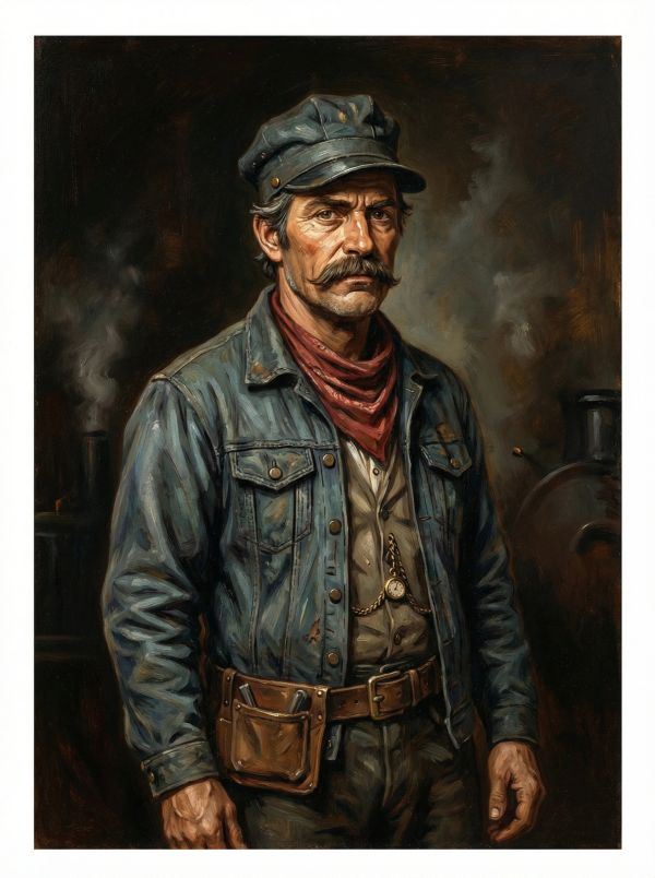Portrait of a serious man in a denim jacket and cap.