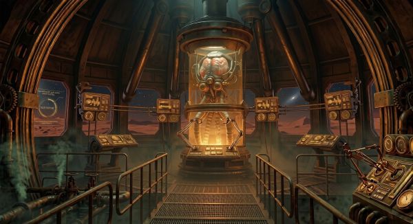 Futuristic lab with a brain in a glass chamber surrounded by machinery.