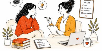 Illustration showing ADHD coaching with focus and organization tips.