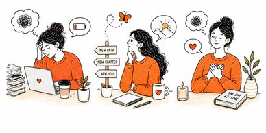 Illustration of overcoming burnout and stress through life transitions.