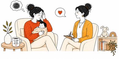 Mother with postpartum depression talking to therapist.