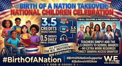 Children and educators celebrate the Birth of a Nation with credits and unity.