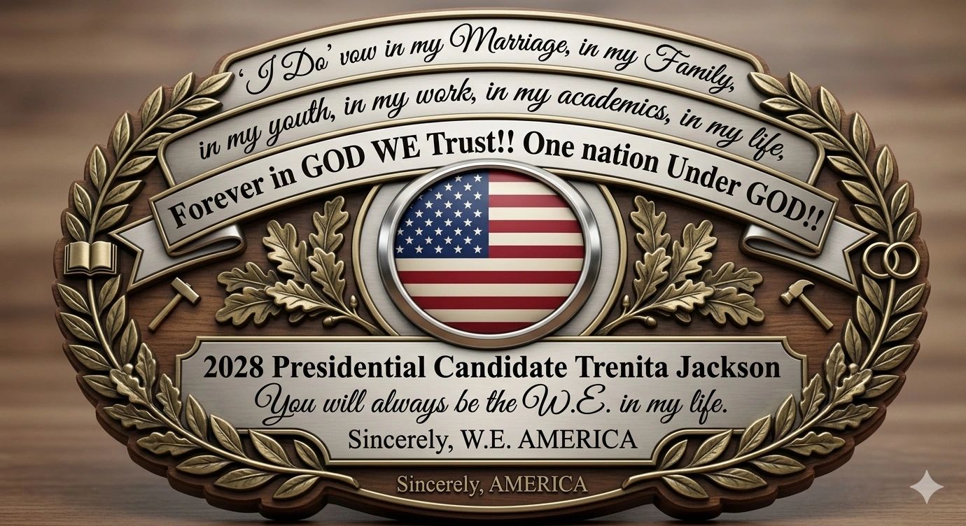 Plaque endorsing Trenita Jackson for 2028 US presidency with patriotic and religious themes.