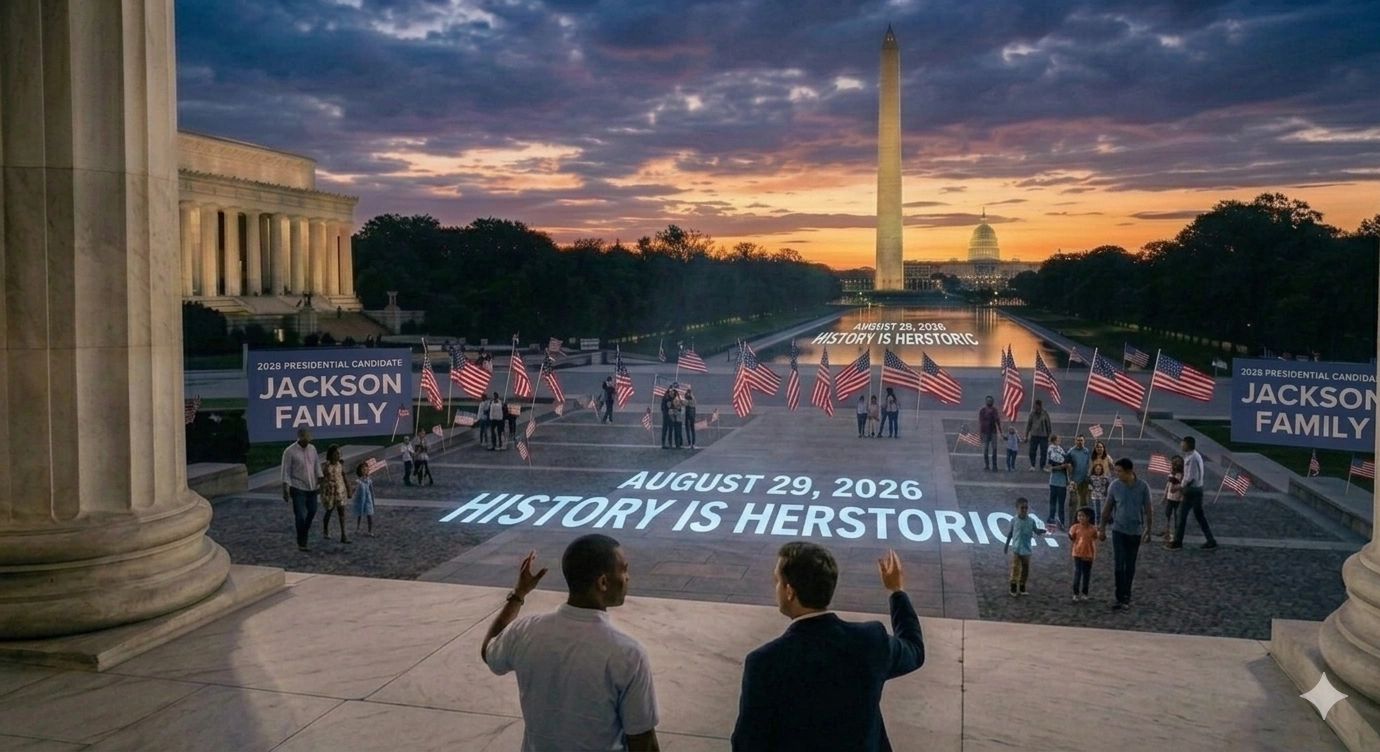 Two men watch a diverse crowd with American flags at sunset near the Washington Monument.