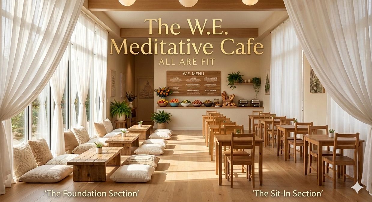 A serene meditative cafe with cozy seating and natural light.