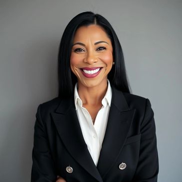 Confident woman with sleek black hair wearing a black blazer and white shirt.