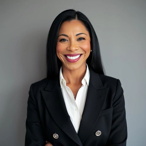 Confident woman with sleek black hair wearing a black blazer and white shirt.