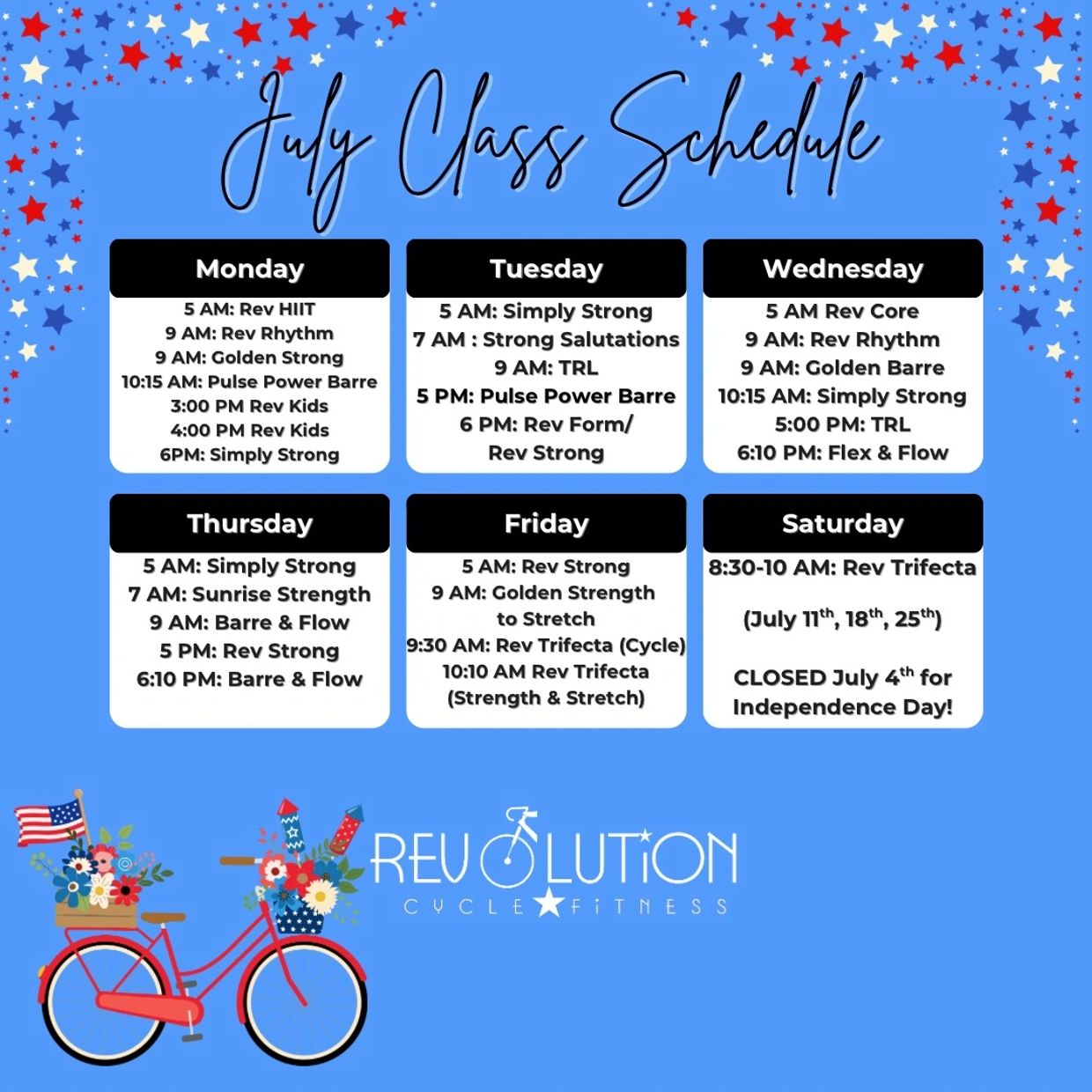 July fitness class schedule with daily workout sessions and special Independence Day closure.