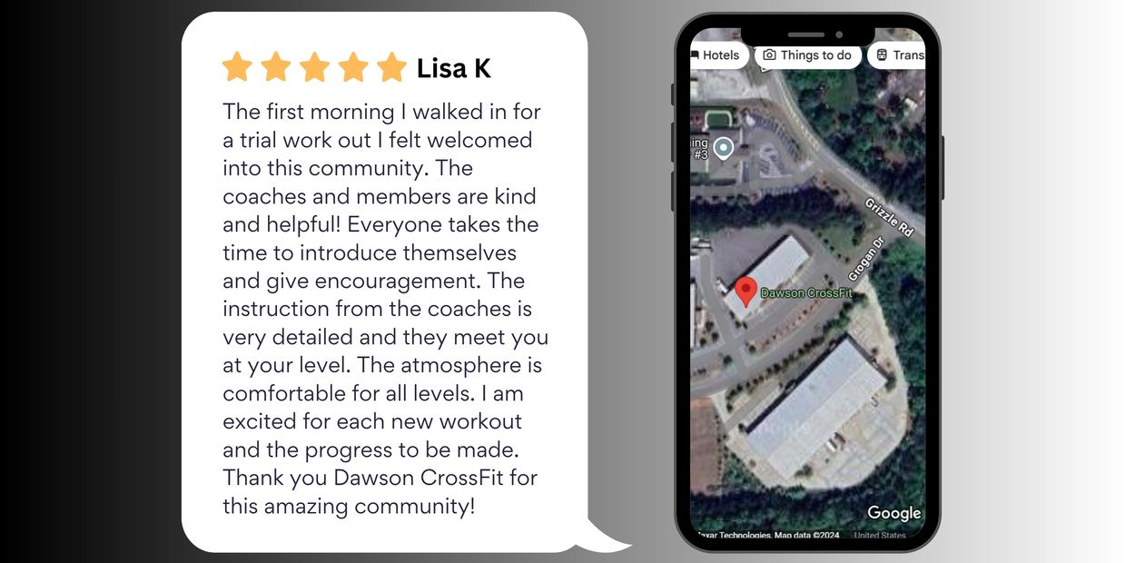 A review for Dawson CrossFit next to a phone showing its location on a map.