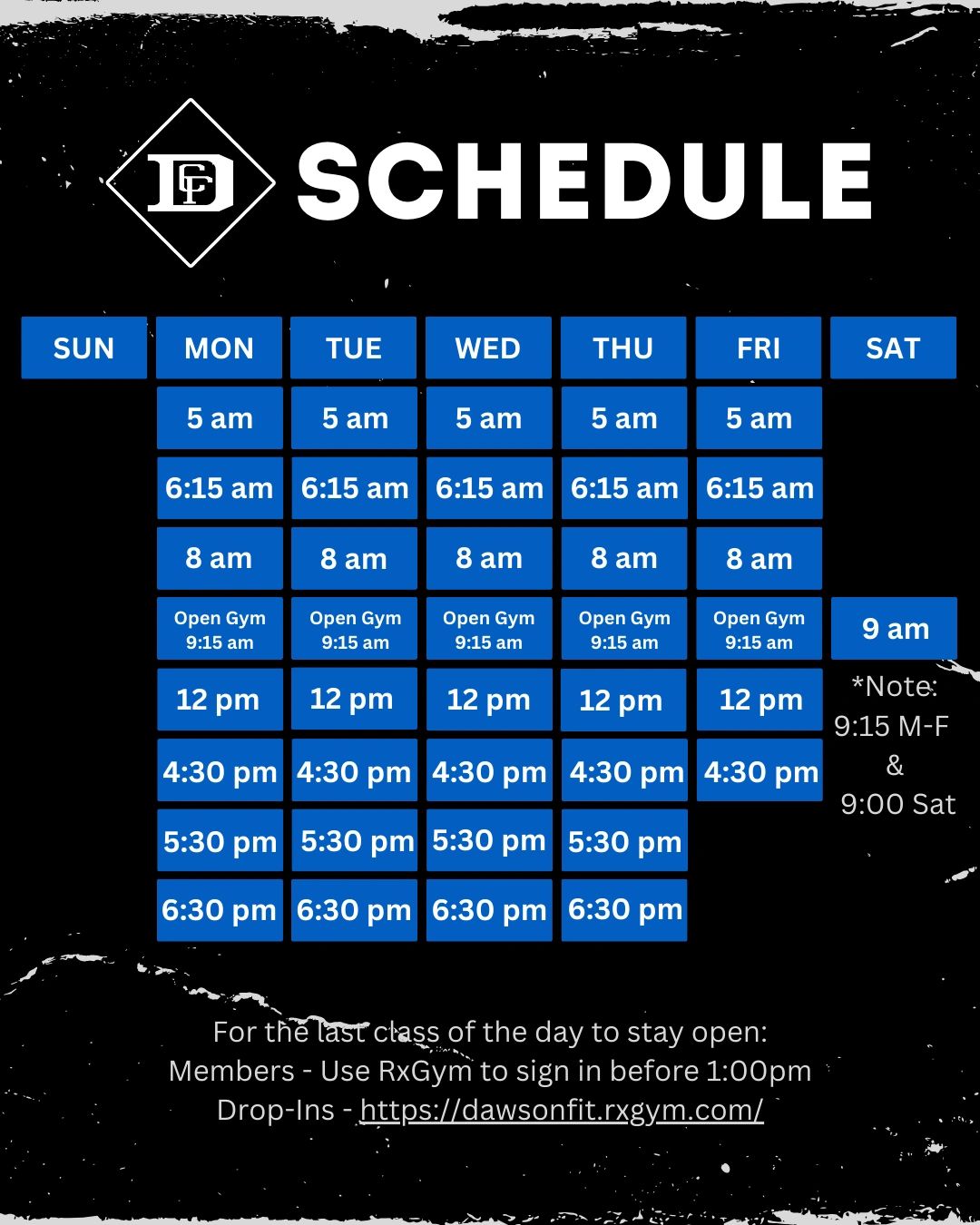 A weekly fitness class schedule for Dawson CrossFit.