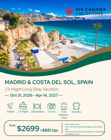 Scenic Air Canada vacation package to Madrid &amp; Costa del Sol for 23 nights.