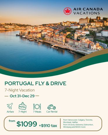 Scenic Portugal fly and drive vacation promotion by Air Canada.