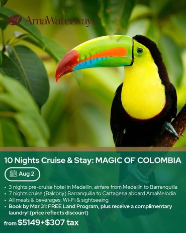 Colorful toucan highlights AmaWaterways 10-night Colombia cruise and stay offer.