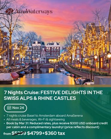 AmaWaterways 7-night festive cruise from Basel to Amsterdam with meals, Wi-Fi, and sightseeing.