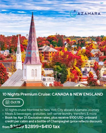 Colorful autumn town with steepled churches promoting a Canada & New England cruise.