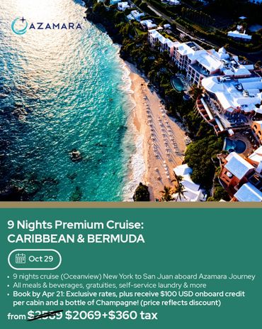 Aerial view of a beach resort promoting a 9-night Caribbean and Bermuda cruise with Azamara.