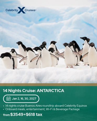 Adélie penguins on ice promoting a 14-night Antarctica cruise by Celebrity Cruises.