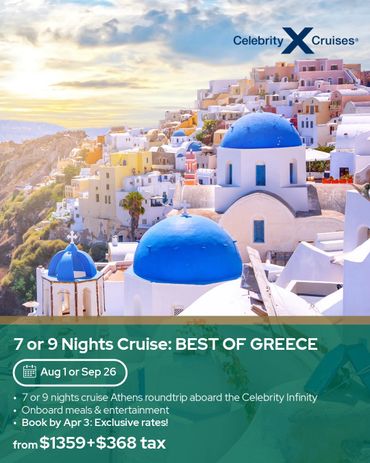 Scenic Greek cruise with blue-domed churches and stunning landscapes.