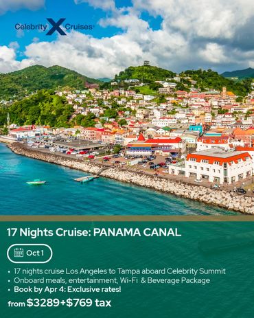 Colorful coastal town view with cruise offer to Panama Canal by Celebrity Cruises.