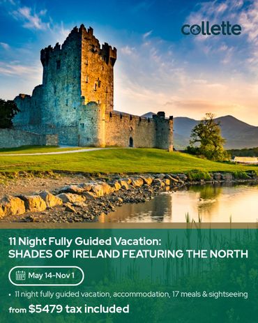 Scenic view of an ancient Irish castle by a river at sunset.